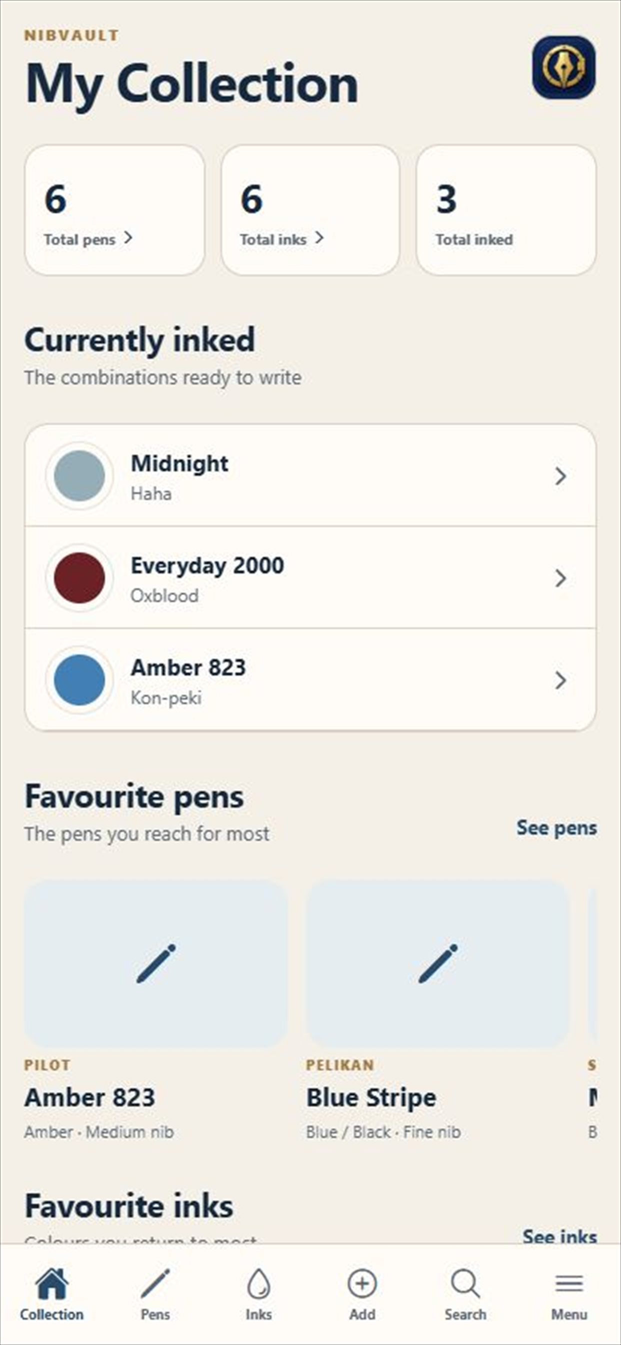 NibVault collection overview showing pens, inks and current fills