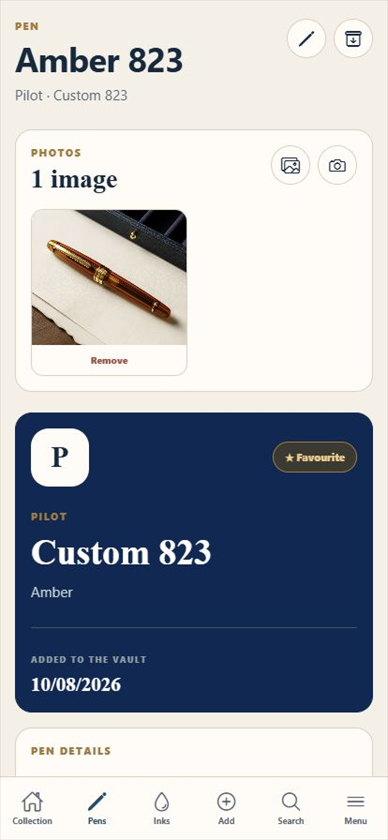NibVault pen detail screen